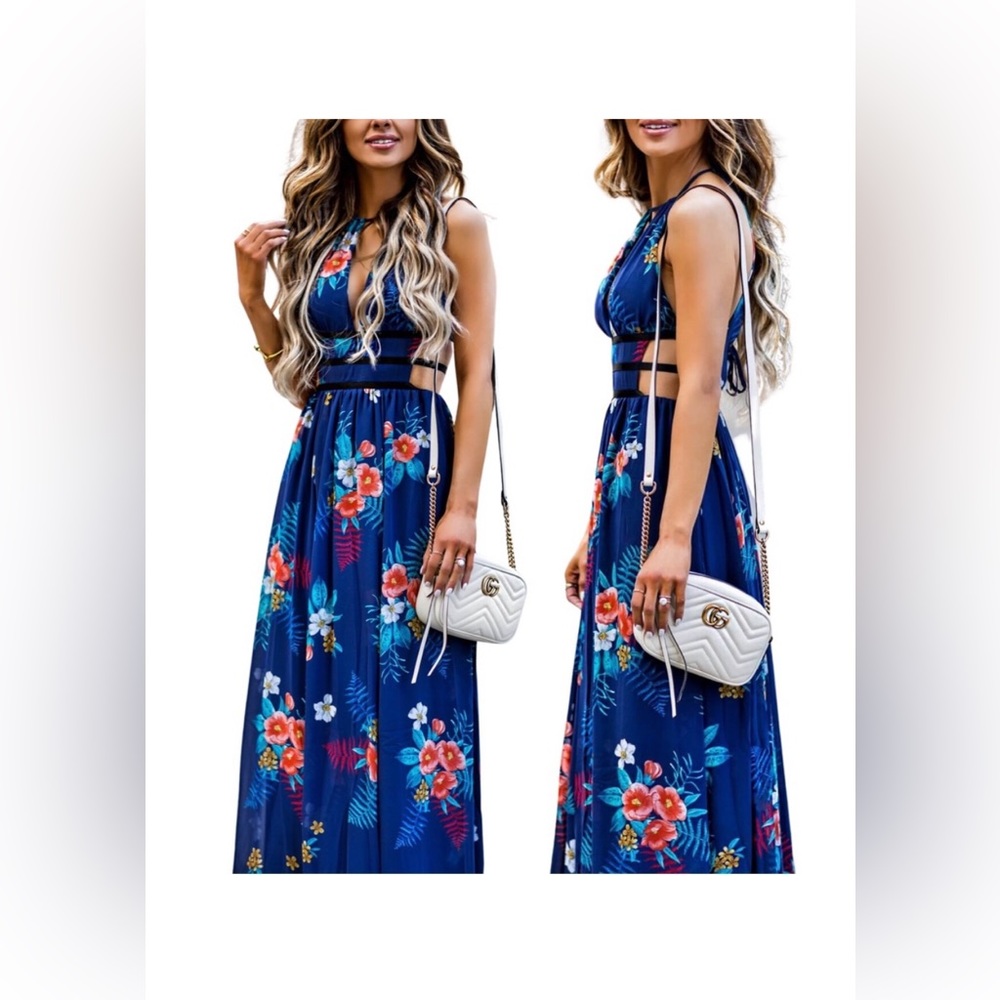 Express Dark Navy Floral Cut Out Maxi Dress